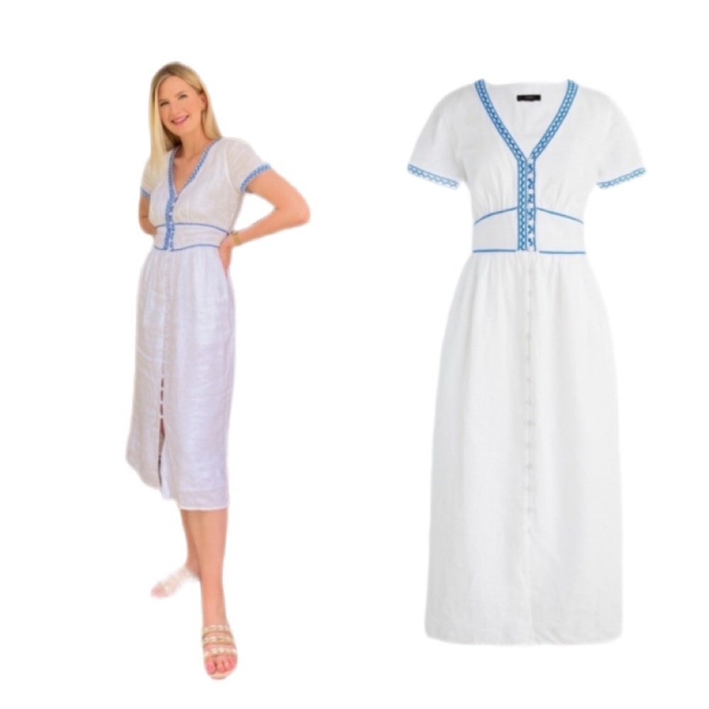 J.Crew White 100% Linen Embroidered Midi Dress Blue Ric Rac Button Front Size 12 - Picture 6 of 11